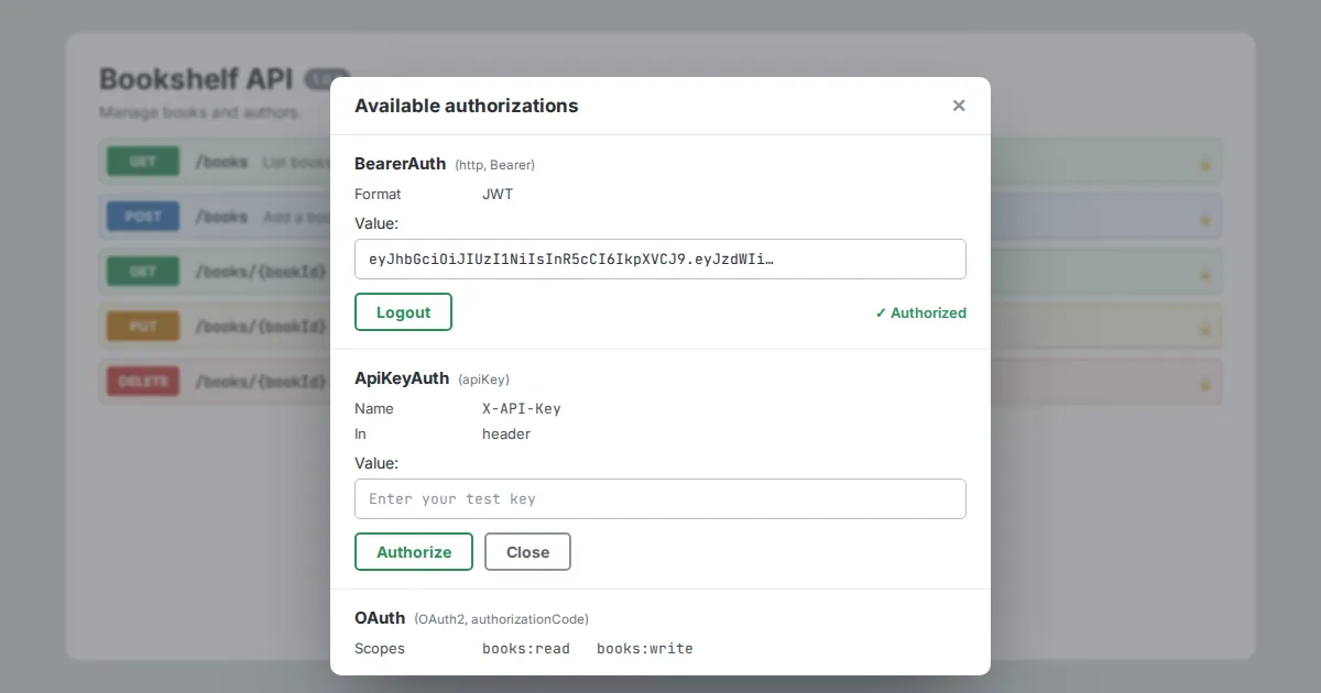 Authorization dialog showing bearer token, API key and OAuth security schemes for an API
