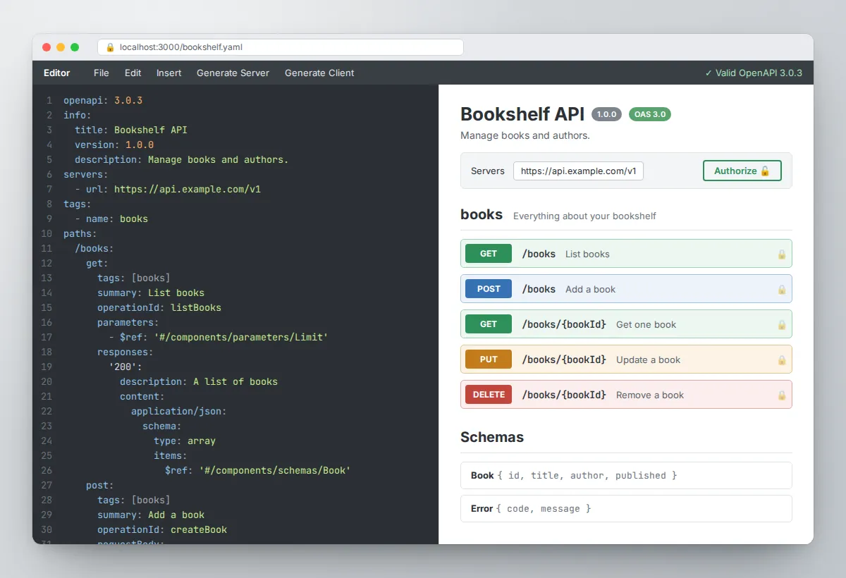 Swagger Editor with OpenAPI YAML on the left and live API documentation on the right