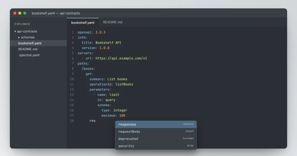 Code editor with an OpenAPI 3 YAML file and an autocomplete list suggesting responses